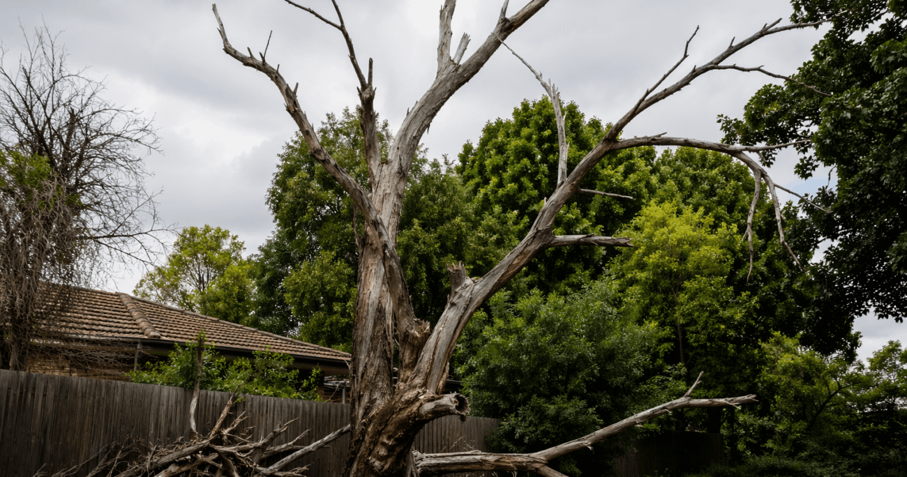 Dead trees with dry branches leaning in a suburban backyard showing potential safety risk